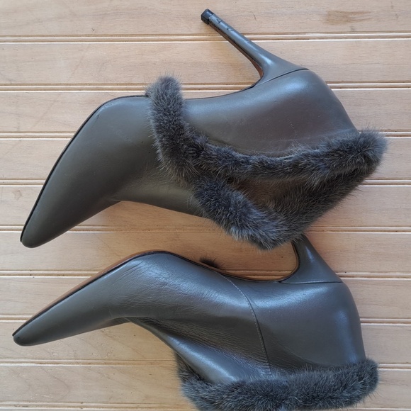 Donald J. Pliner Vero Quoio Pointy Toe Leather Mink Fur High Heel Ankle Boots - Picture 11 of 15